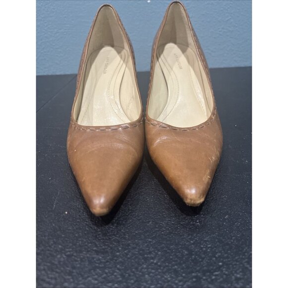 Ann Taylor Heels 8M Brown Leather Stiletto Pointed Pump Stitch Elegant Career - Picture 2 of 9